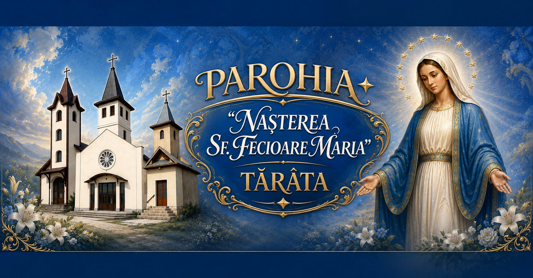 Bannerul Parohiei Romano-Catolice Nașterea Sfintei Fecioare Maria Tărâța, cu cele trei biserici și Sfânta Fecioară Maria